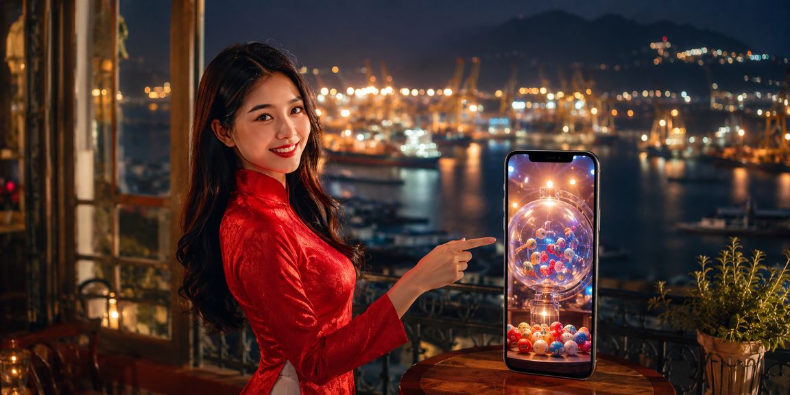 Phụ nữ áo dài tại Vũng Tàu cầm điện thoại tham gia xổ số trực tuyến bên bờ biển
